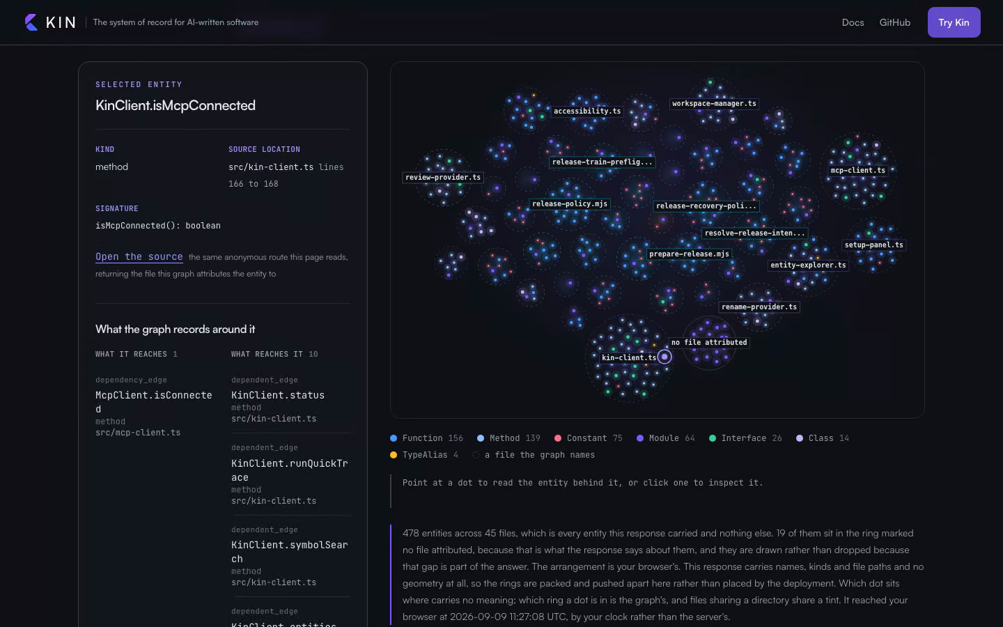 The hosted graph at kinlab.ai/demo answering about one entity and then another