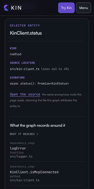 The hosted graph at kinlab.ai/demo answering about one entity and then another