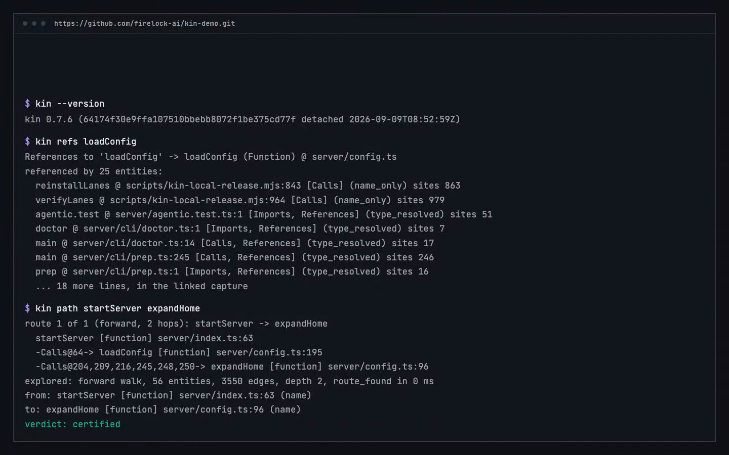 An animation of saved output from kin --version, kin refs and kin path