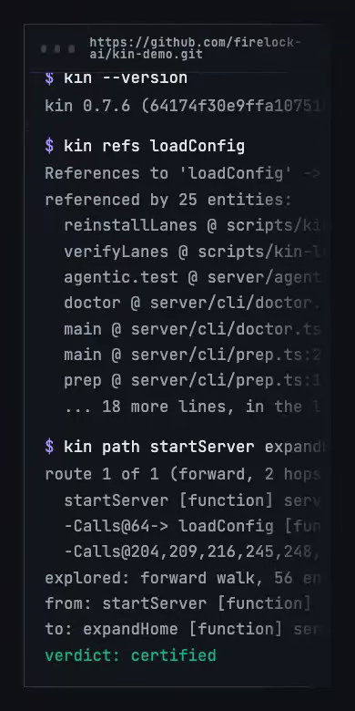 An animation of saved output from kin --version, kin refs and kin path